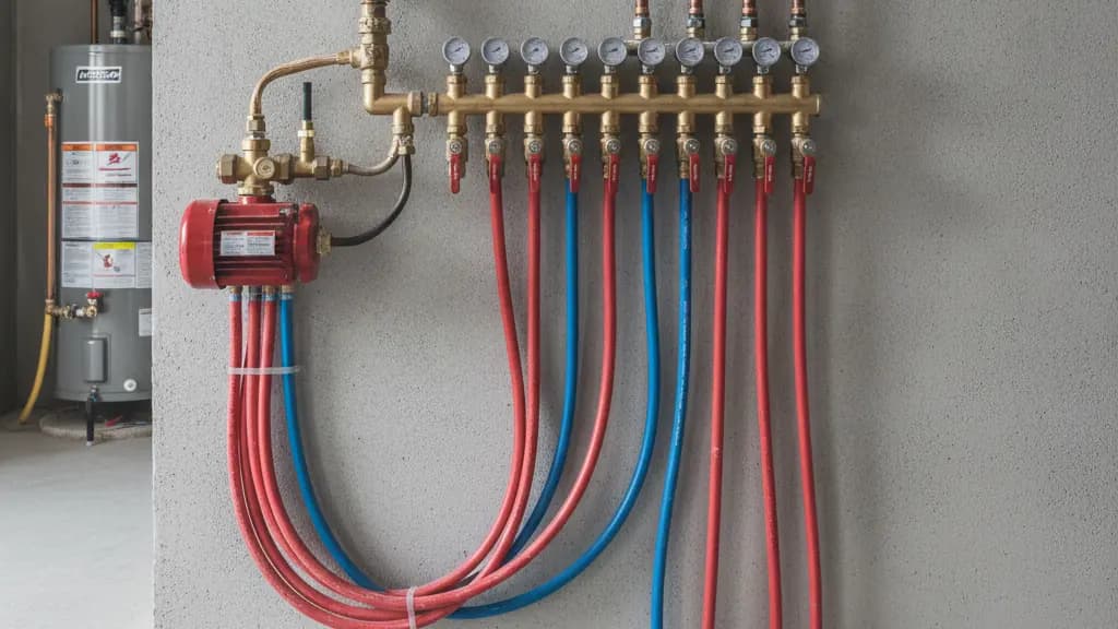 Illustration of a hydronic radiant floor heating manifold with flow gauges, red and blue PEX loops and a circulator pump on a utility room wall