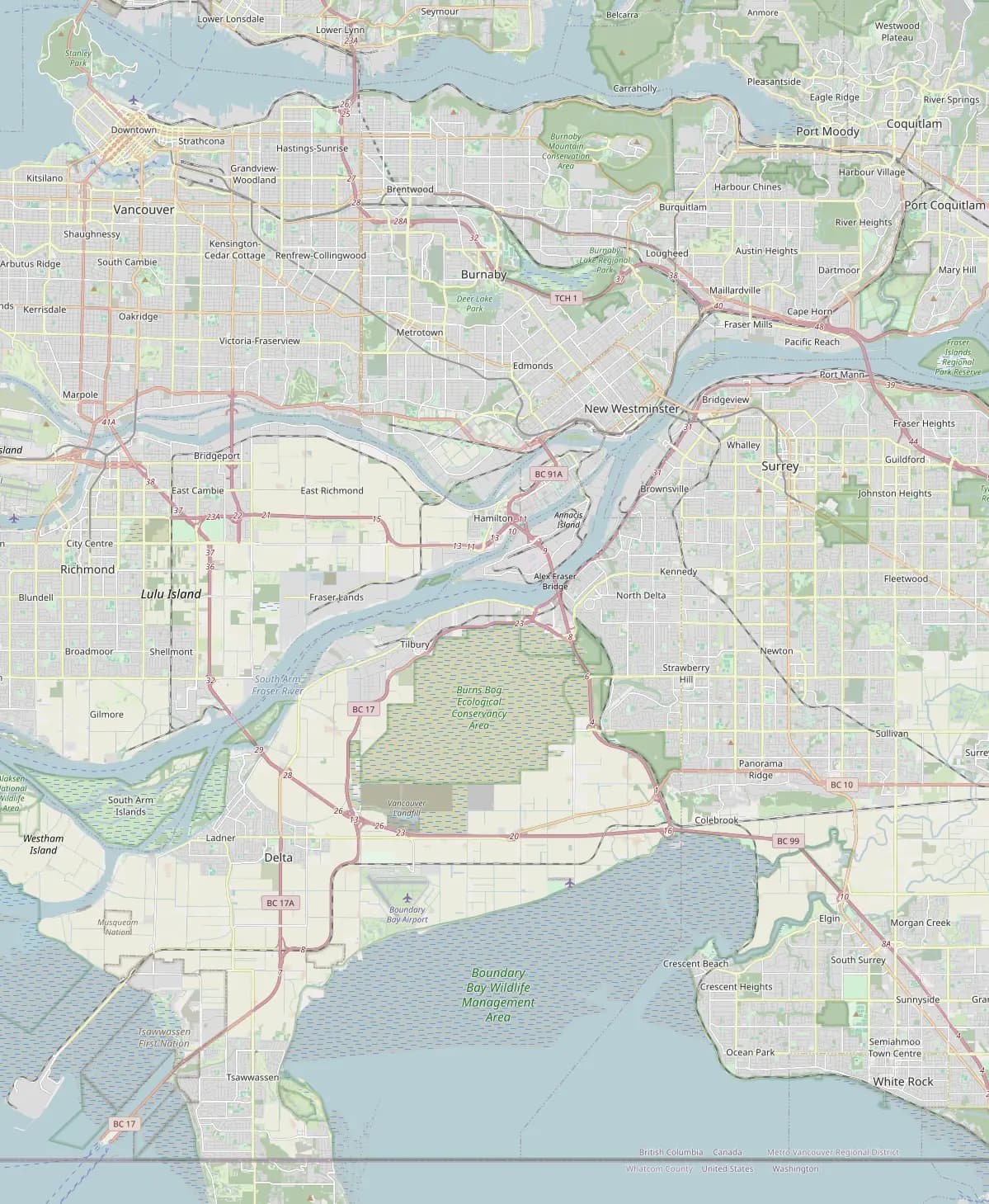 Map of Metro Vancouver showing Delta and the other cities Encano Plumbing serves from its Richmond base