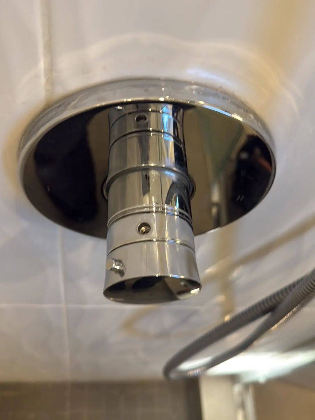 Riobel shower valve opened up for a cartridge replacement, chrome sleeve and trim plate, by Encano