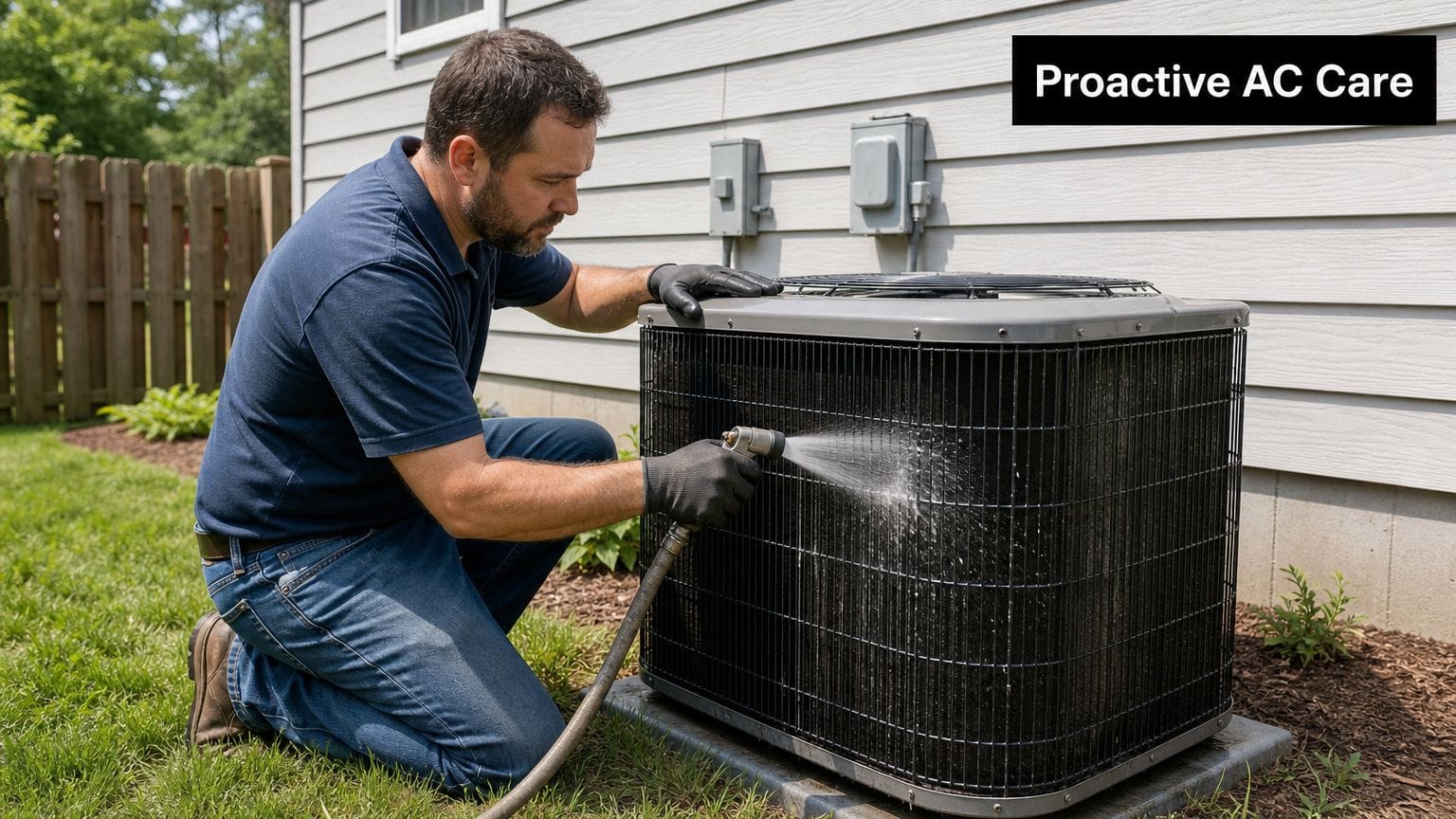 A professional technician carefully washing an outdoor air conditioning unit to ensure optimal performance.