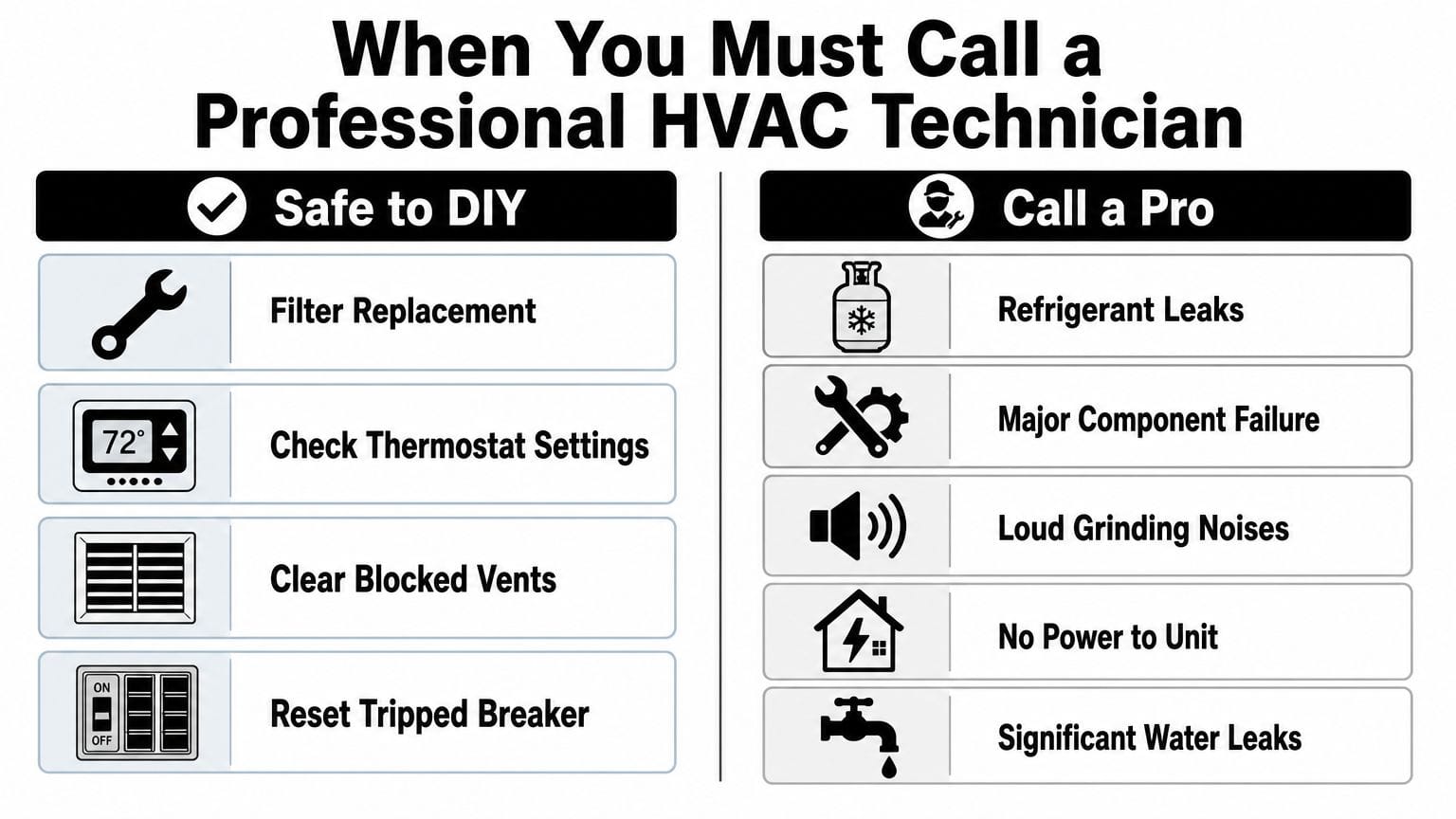 A helpful infographic comparing simple DIY HVAC tasks versus when to call a professional technician.