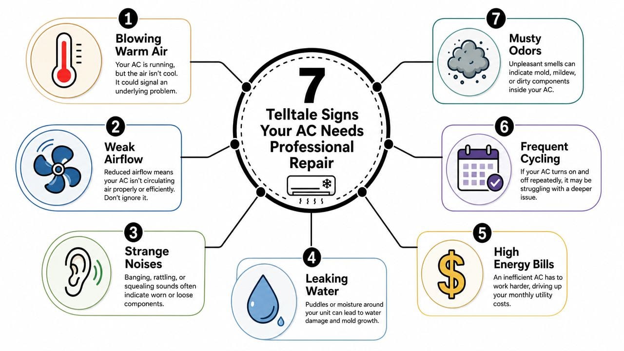 An infographic showing seven common signs indicating that your air conditioning system needs professional repair service.