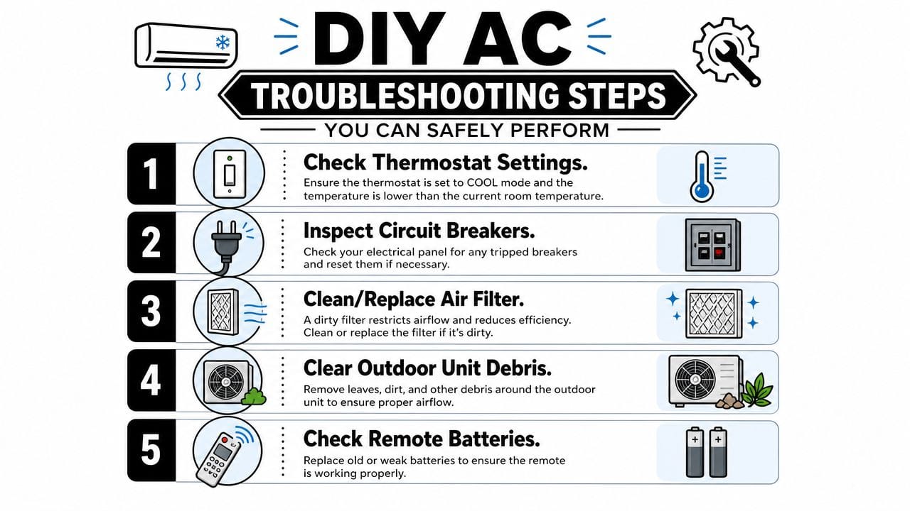 A simple infographic listing five DIY air conditioning troubleshooting steps for homeowners to perform safely.