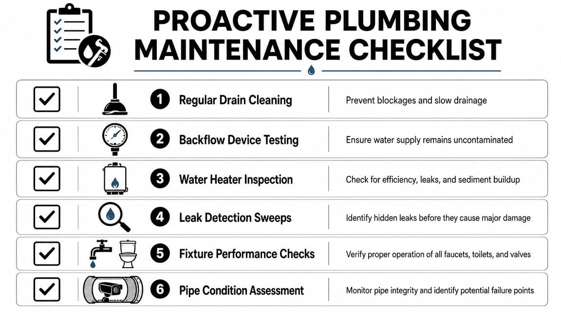 A checklist illustrating six essential proactive plumbing maintenance tasks for commercial or residential property upkeep.