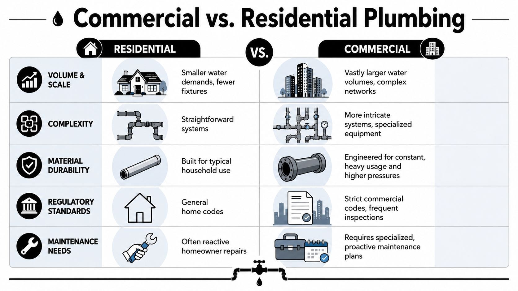 A comparison chart outlining key differences between commercial and residential plumbing systems in terms of scale and maintenance.