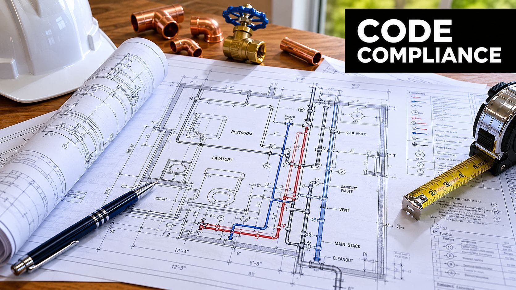 A professional construction planning scene featuring plumbing blueprints, copper pipe fittings, a hard hat, and tools.