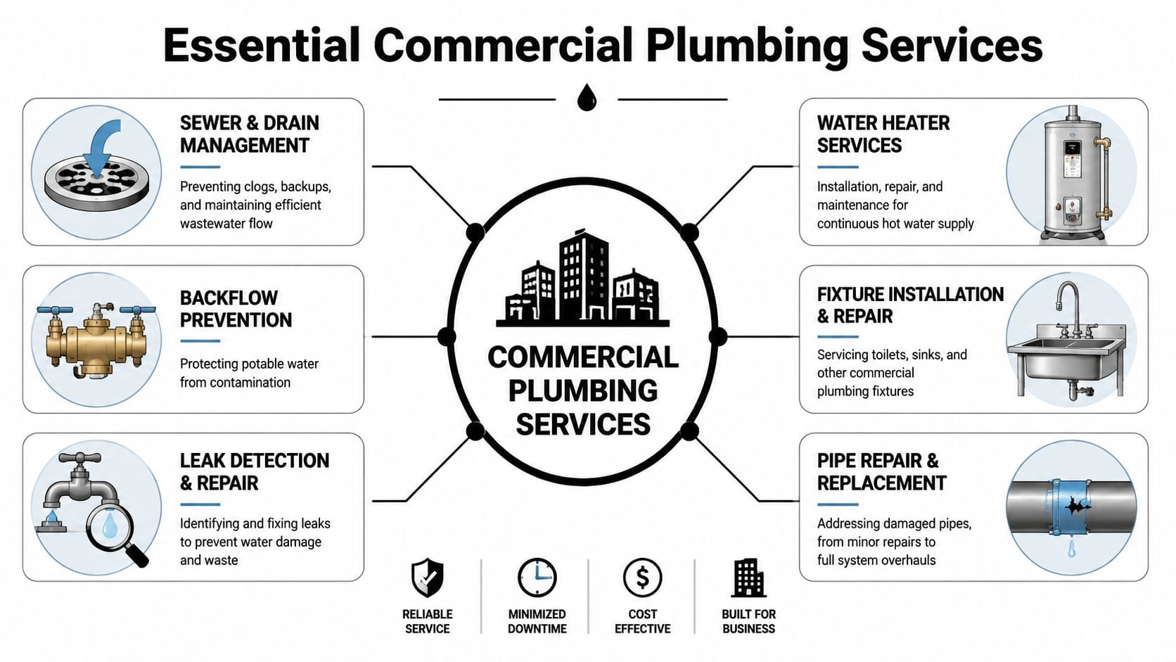 An infographic detailing essential commercial plumbing services including drain management, backflow prevention, leak detection, and pipe repairs.