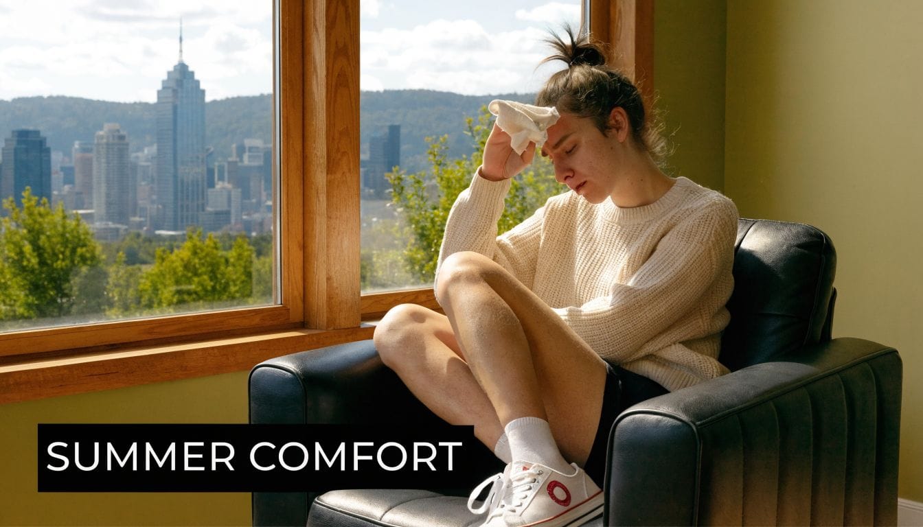 A person sitting in a chair wiping sweat from their forehead while looking hot during summer.