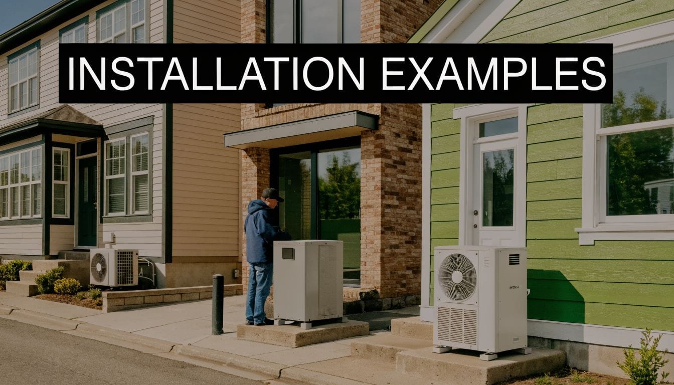 A technician installing or inspecting residential heat pump air conditioning units outside three different modern houses.