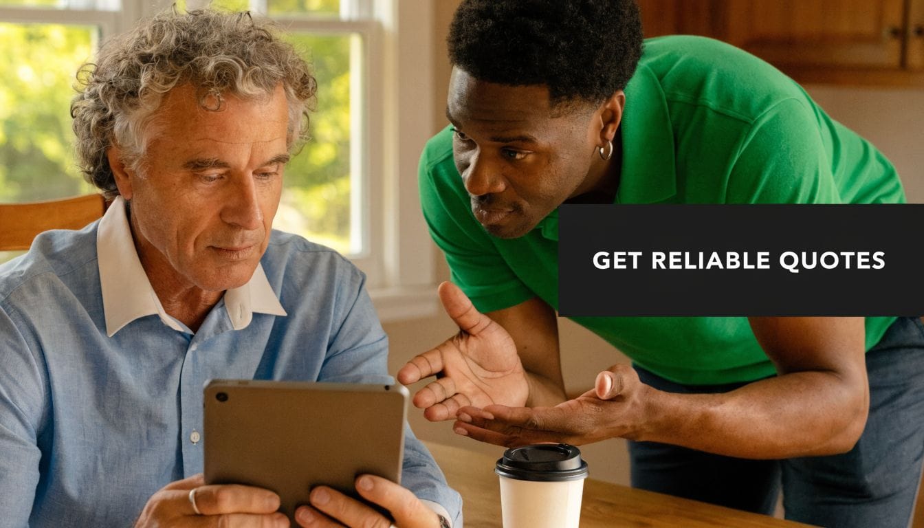 An older man looks at a digital tablet while a younger man provides assistance nearby.