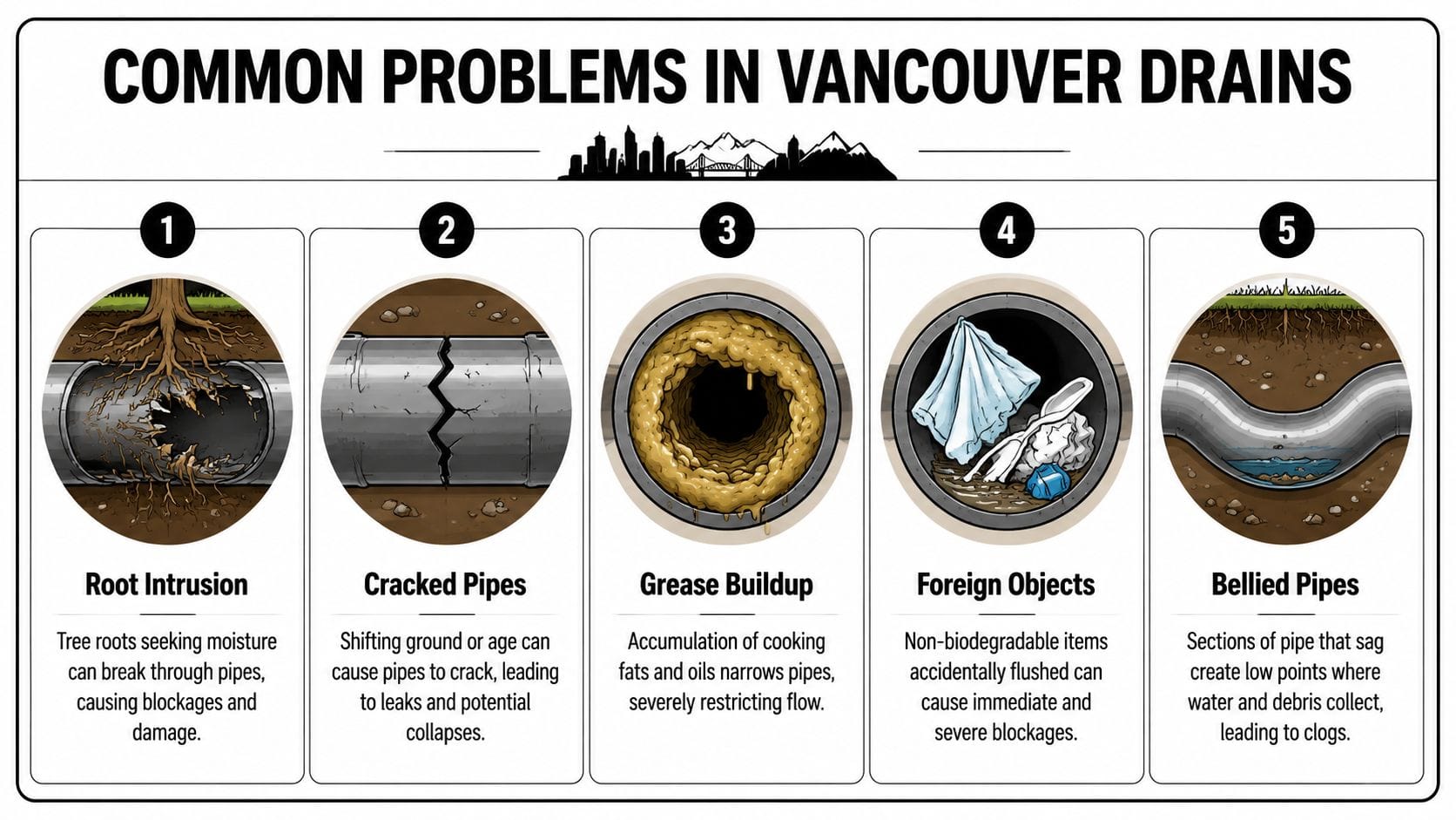 An infographic showing five common causes of residential drain problems including root intrusion and pipe damage.