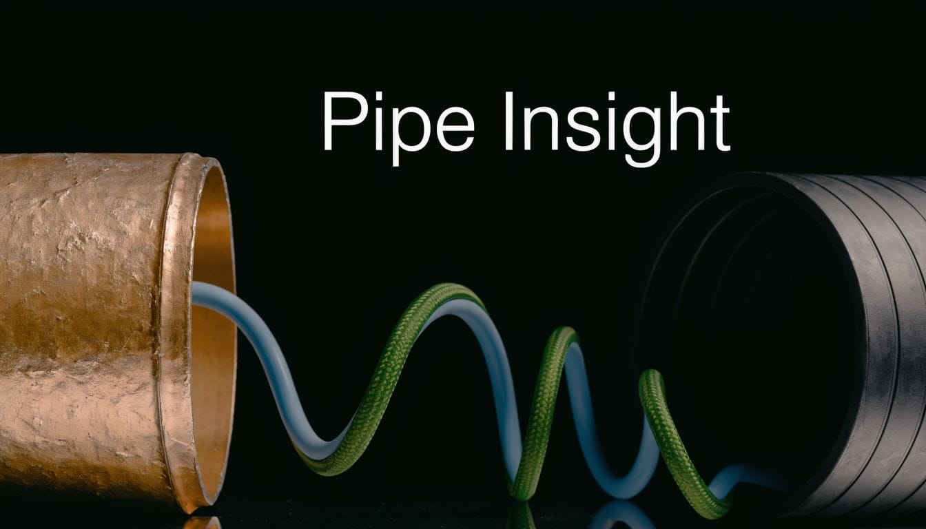 A close-up view of a professional plumbing drain camera cable connecting between a copper and a plastic pipe.