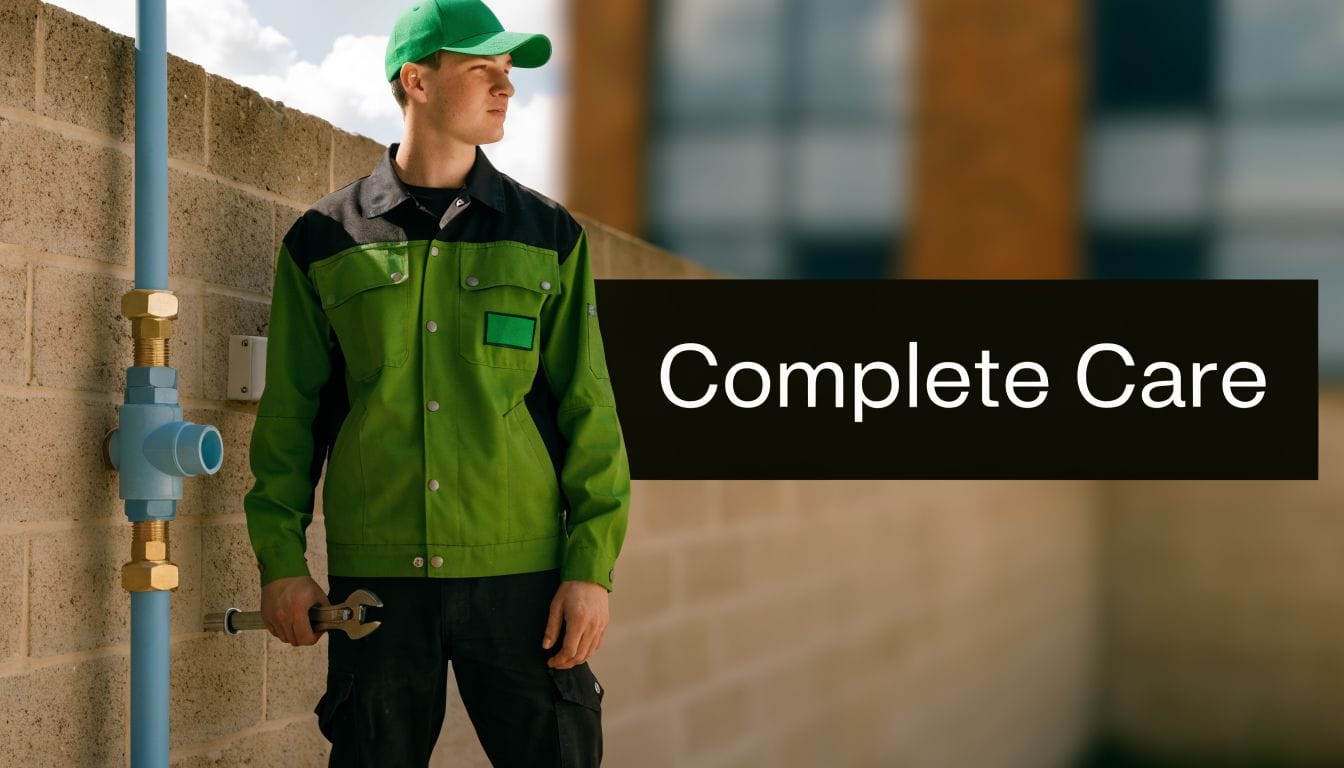 A professional technician in green work clothes holding a wrench while standing near a pipe system.