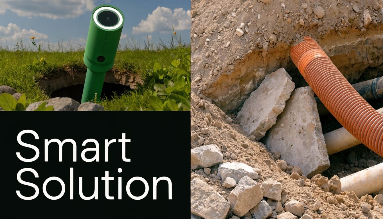 A split image showing a green monitoring sensor in a field and an orange pipe underground.