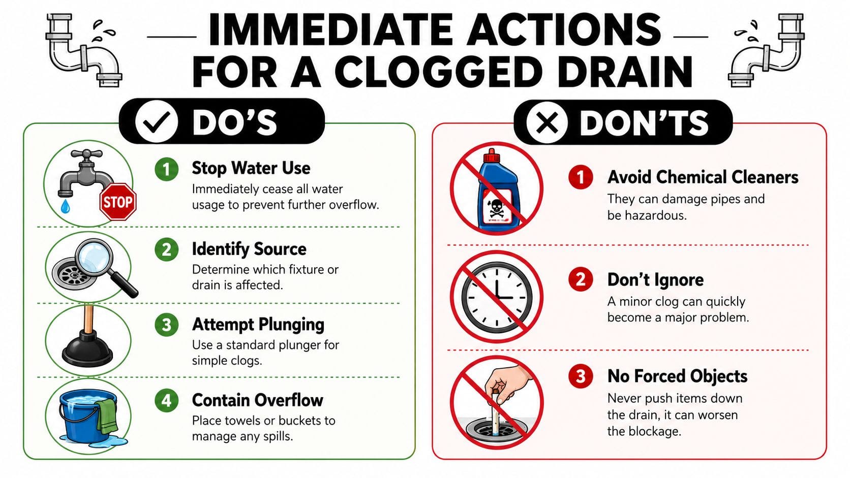 An infographic titled Immediate Actions for a Clogged Drain, listing four do's and three don'ts for plumbing.