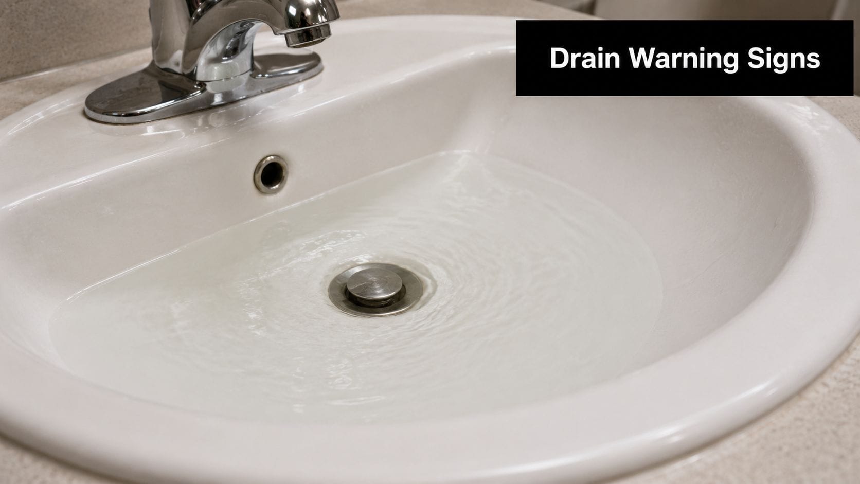 A bathroom sink filled with standing water, serving as a warning sign for a potential clogged drain.