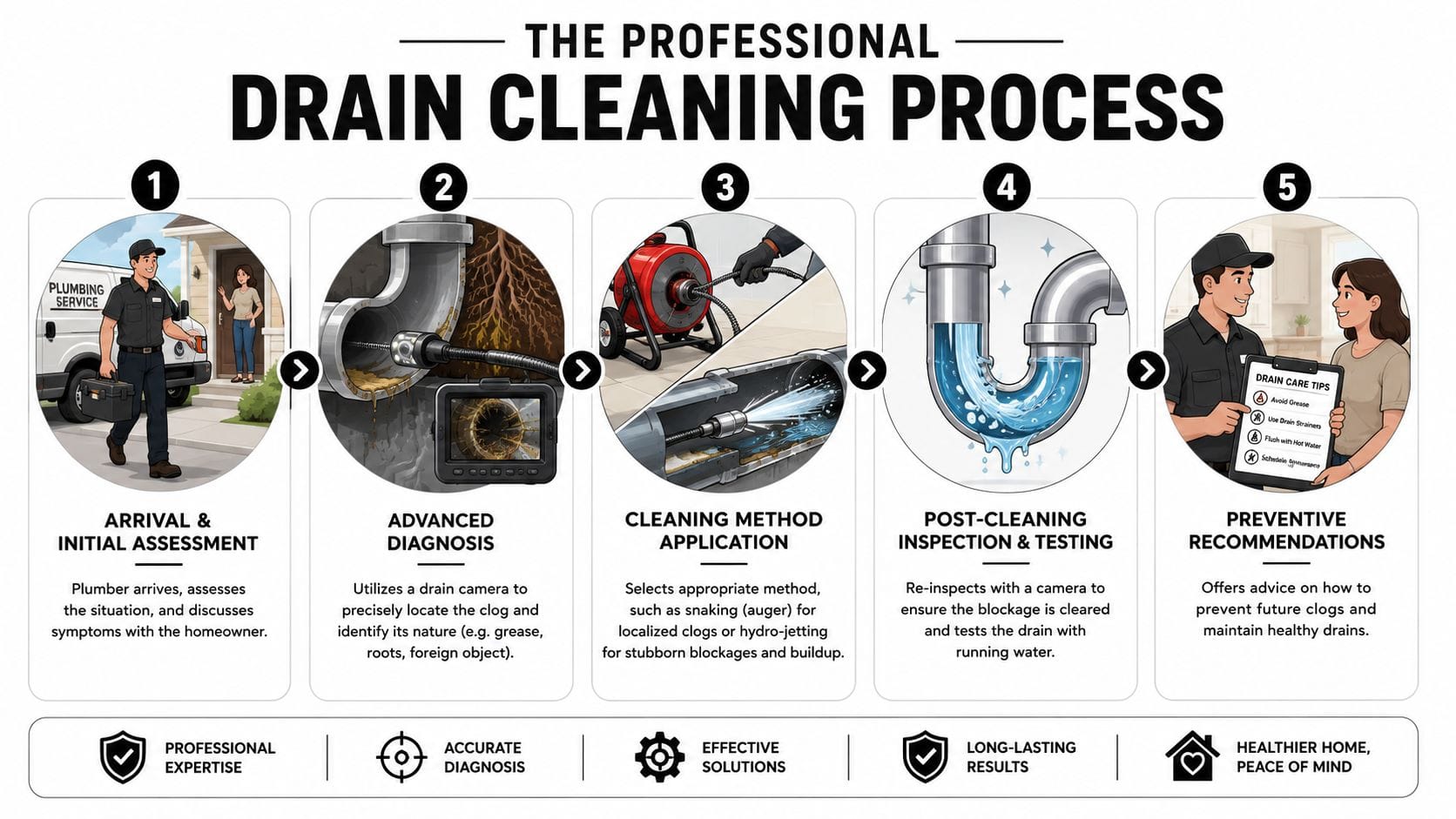 A professional infographic illustrating the five-step process for expert plumbing drain cleaning services in a home.