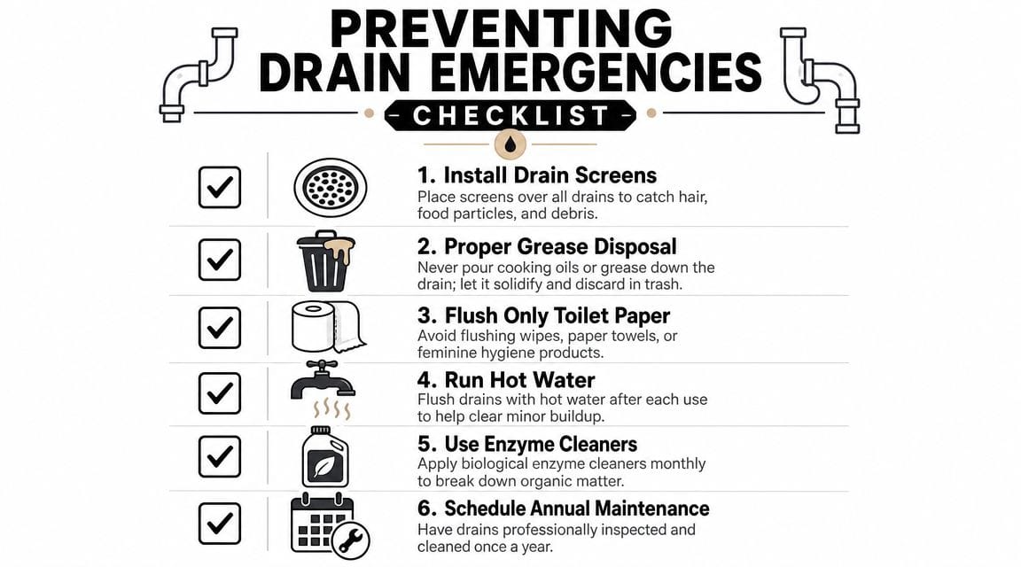 A helpful checklist graphic showing six tips for preventing household drain emergencies and plumbing clogs.