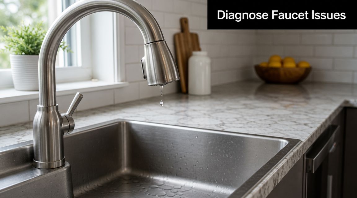 A stainless steel kitchen faucet with a drop of water falling from the spout into the sink.