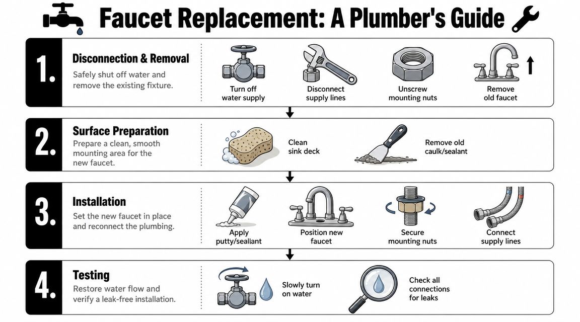 An instructional infographic detailing the four-step process for replacing a household sink faucet, from removal to testing.
