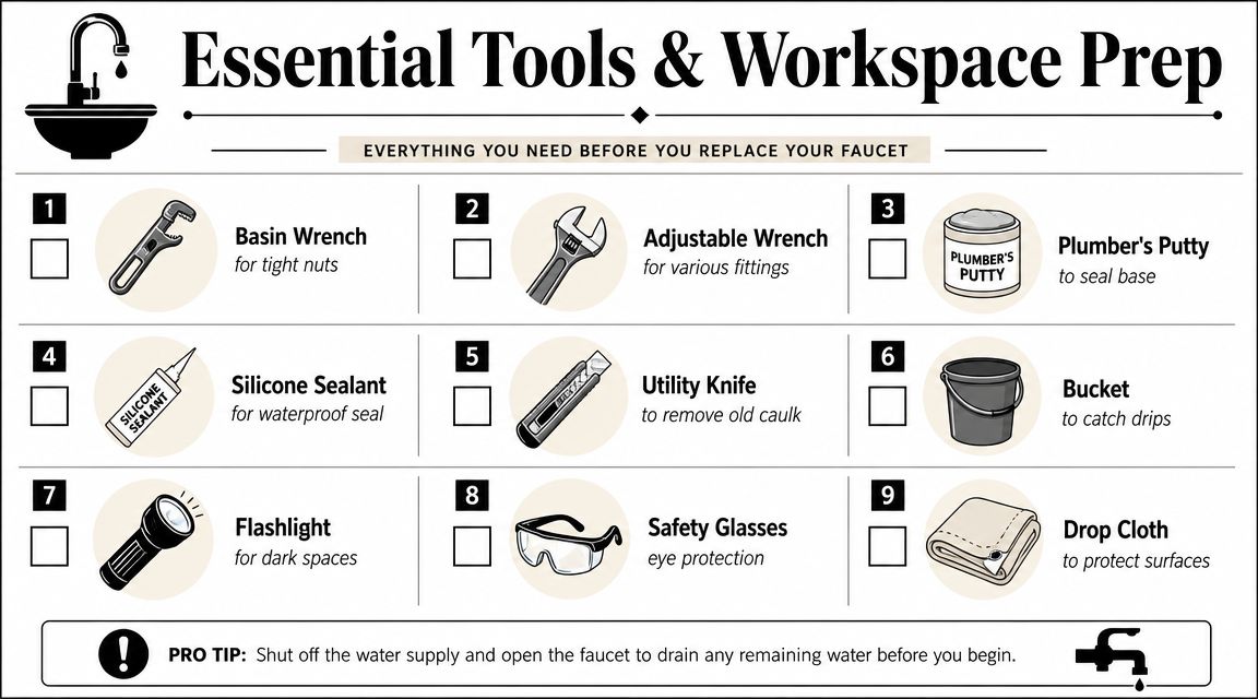 An infographic titled Essential Tools and Workspace Prep showing nine items needed for replacing a faucet.