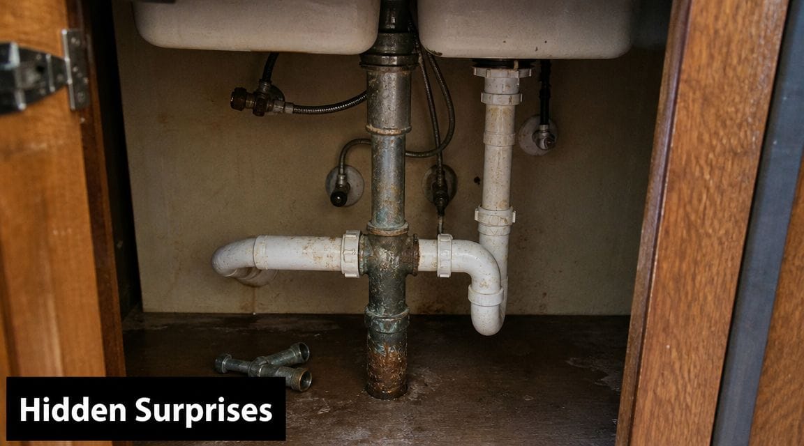 An under-sink plumbing area featuring a metal pipe joint with white PVC drain pipes and connections.