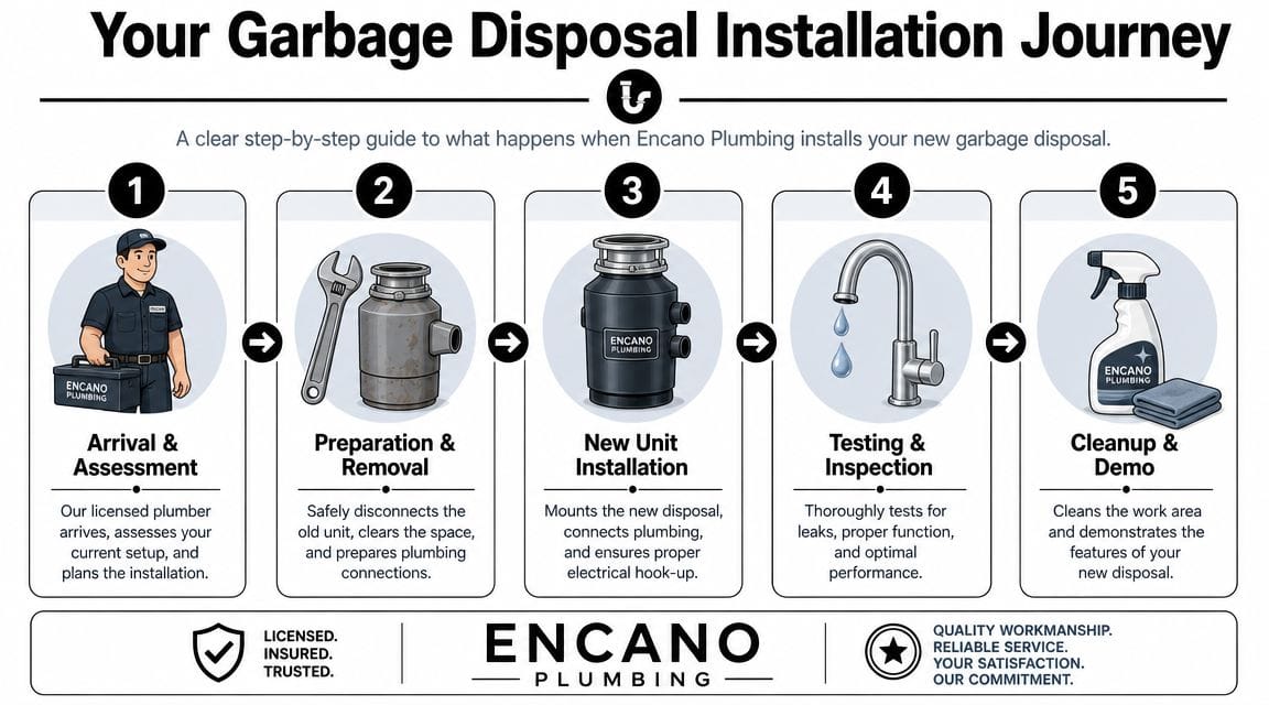 A five-step infographic showing the garbage disposal installation process by Encano Plumbing, from assessment to final cleaning.