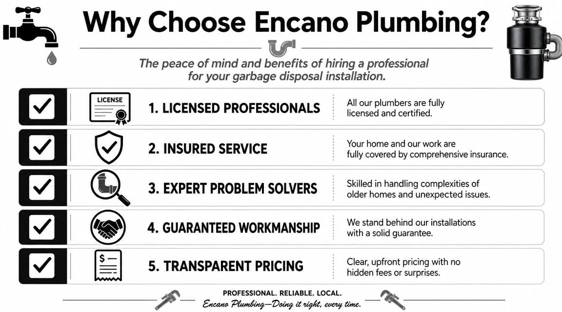 An infographic titled Why Choose Encano Plumbing outlining five benefits of professional garbage disposal installation services.