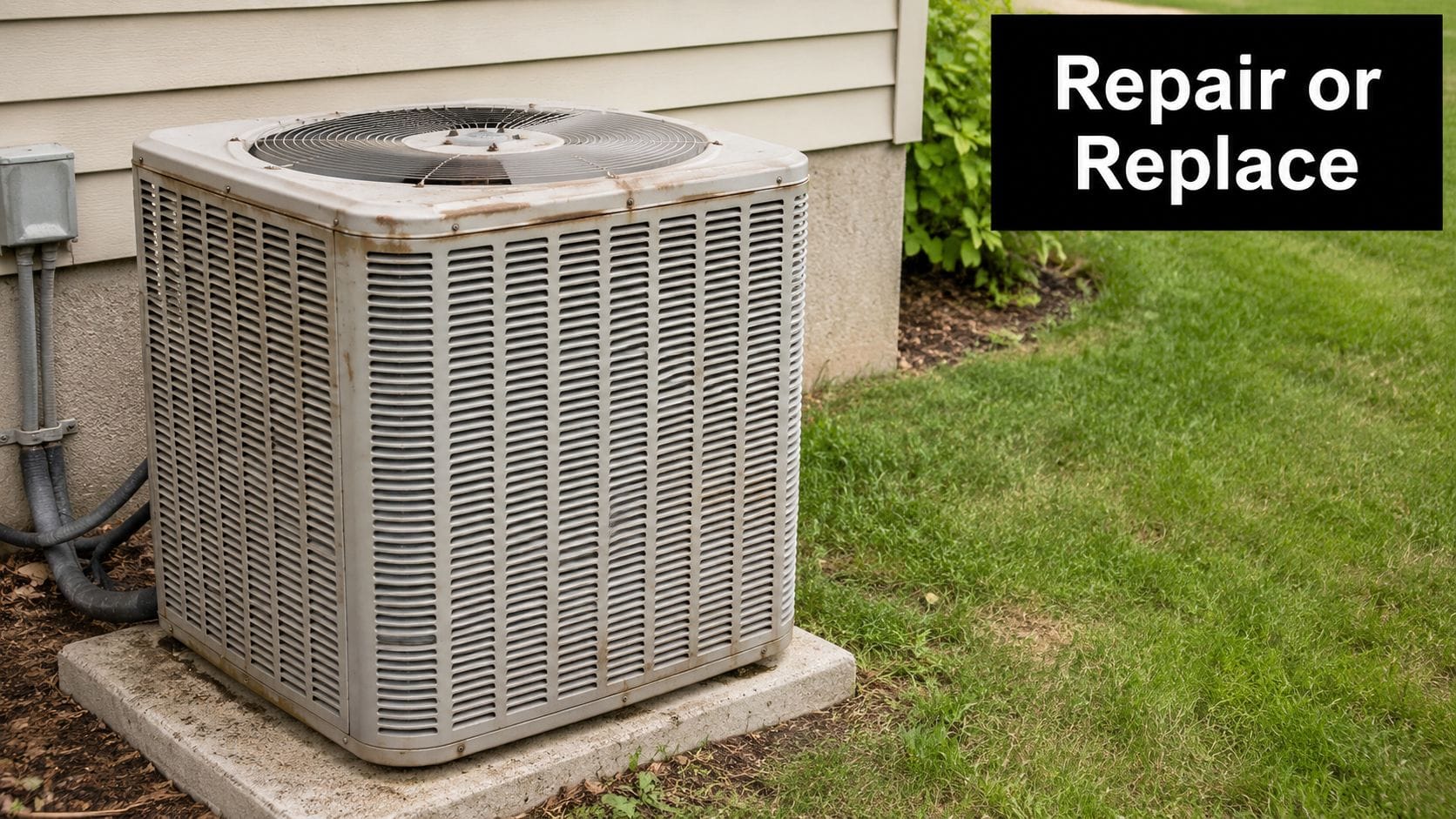 A gray outdoor air conditioning condenser unit sitting on a concrete pad near the side of a house.