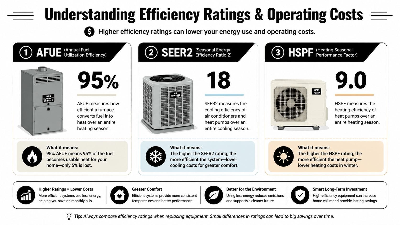 An infographic explaining heating and cooling efficiency ratings including AFUE, SEER2, and HSPF for home equipment.