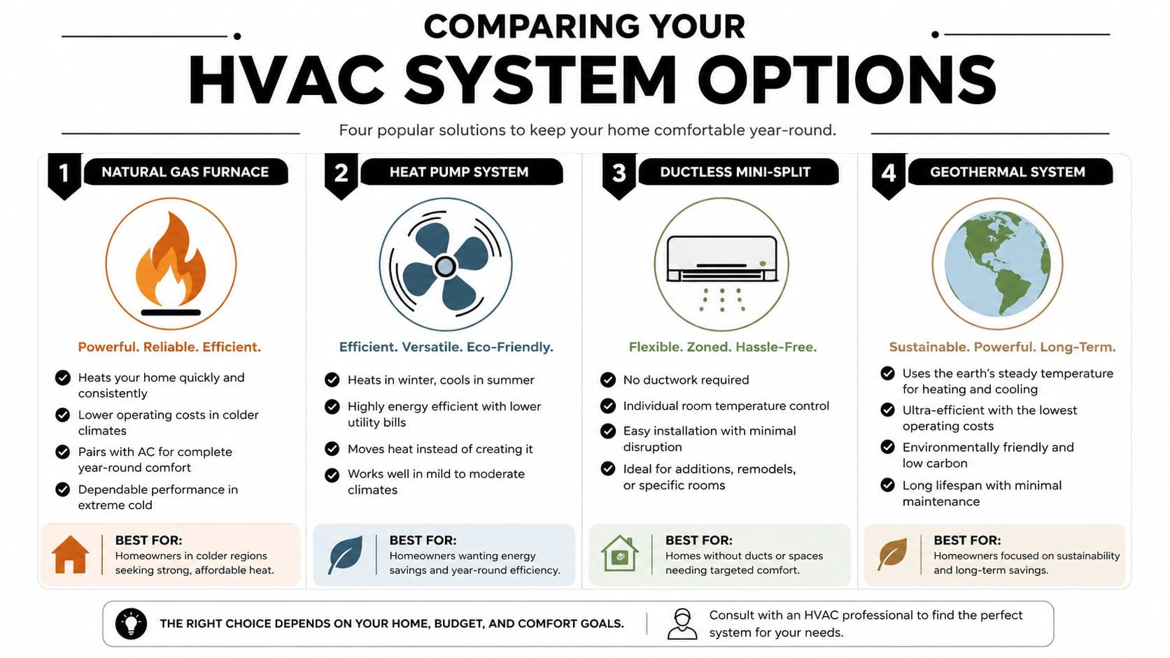A comparison chart outlining four common HVAC system options: natural gas furnace, heat pump, ductless mini-split, and geothermal.