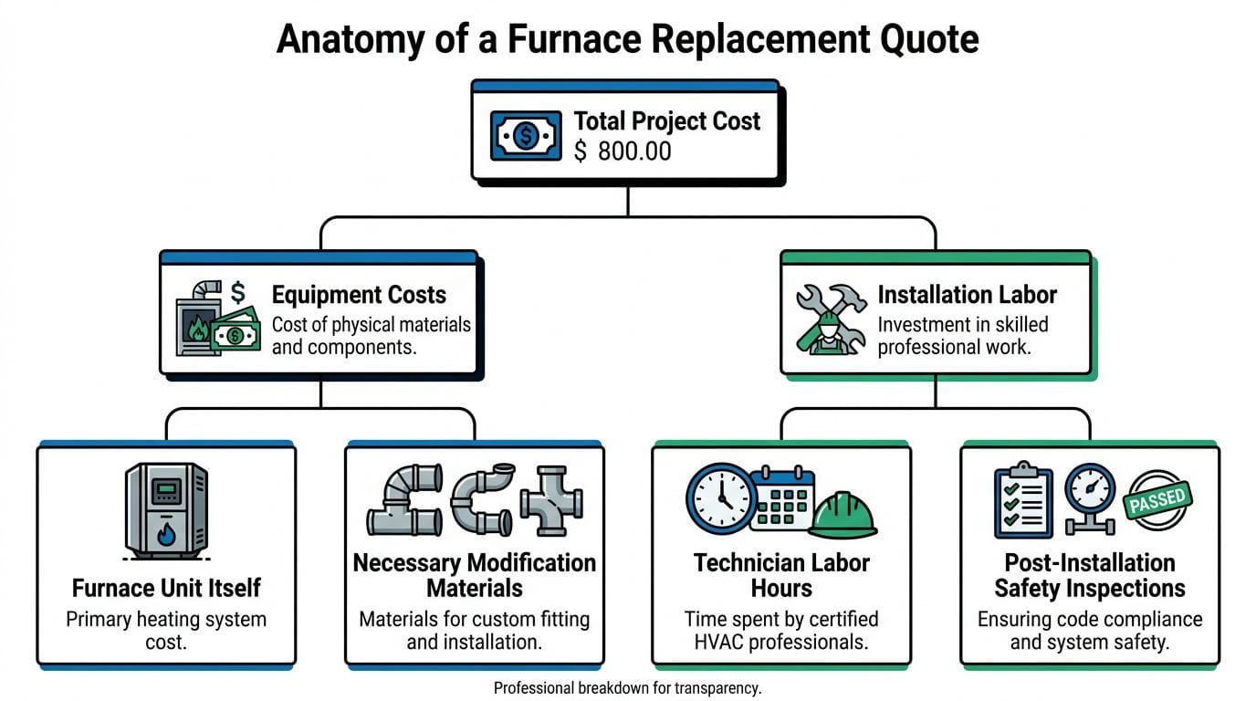 A diagram outlining the breakdown of total costs involved in a professional residential furnace replacement project.
