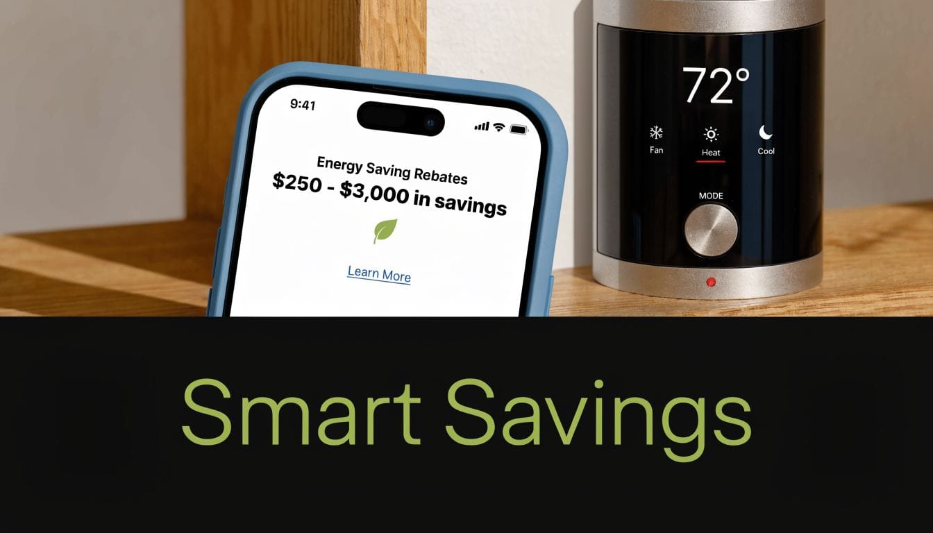 A smartphone screen showing energy saving rebates next to a modern smart home thermostat for heating.