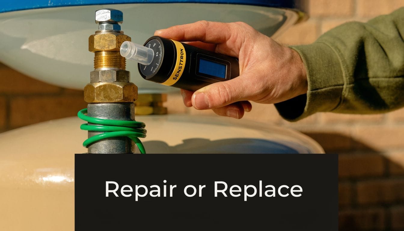 A technician inspects a hot water tank connection for leaks using a digital gas detector device.