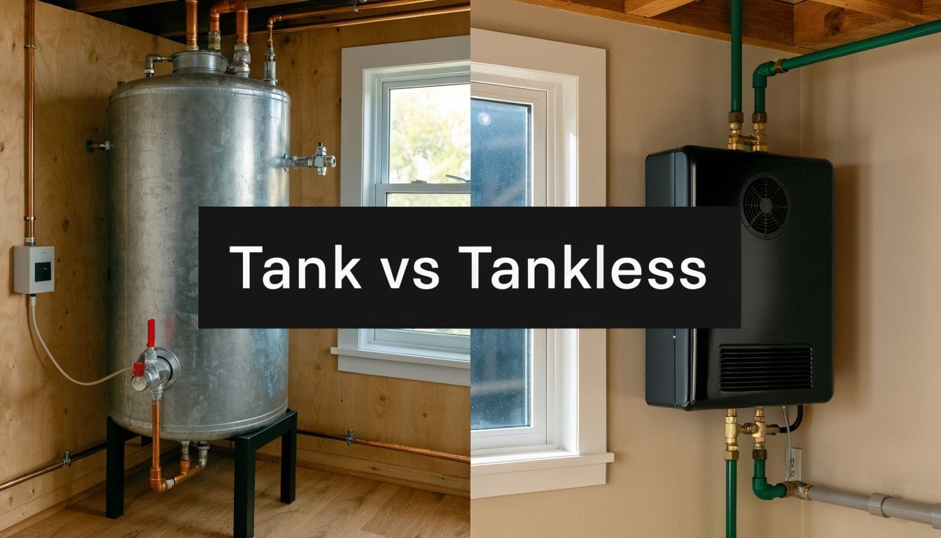 A split-view comparison showing a traditional large cylindrical water tank and a compact wall-mounted tankless heater.