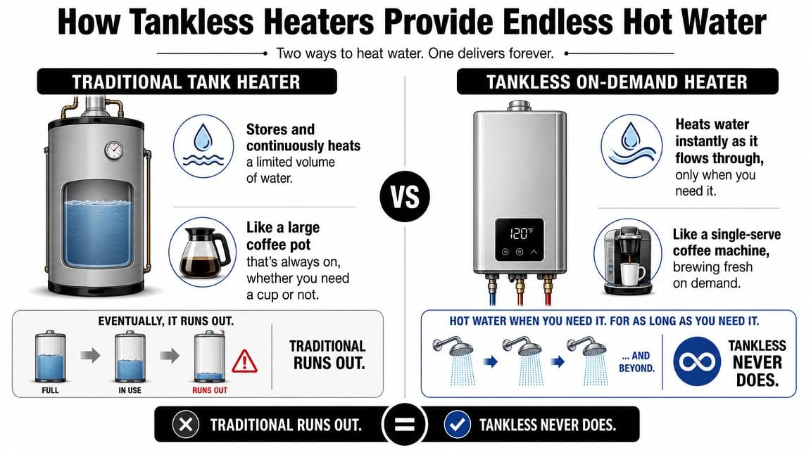 A comparison chart showing how traditional tank water heaters run out compared to endless tankless on-demand heaters.