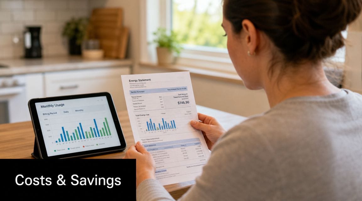 A woman reviews her home energy statement and digital usage chart while working at a wooden table.