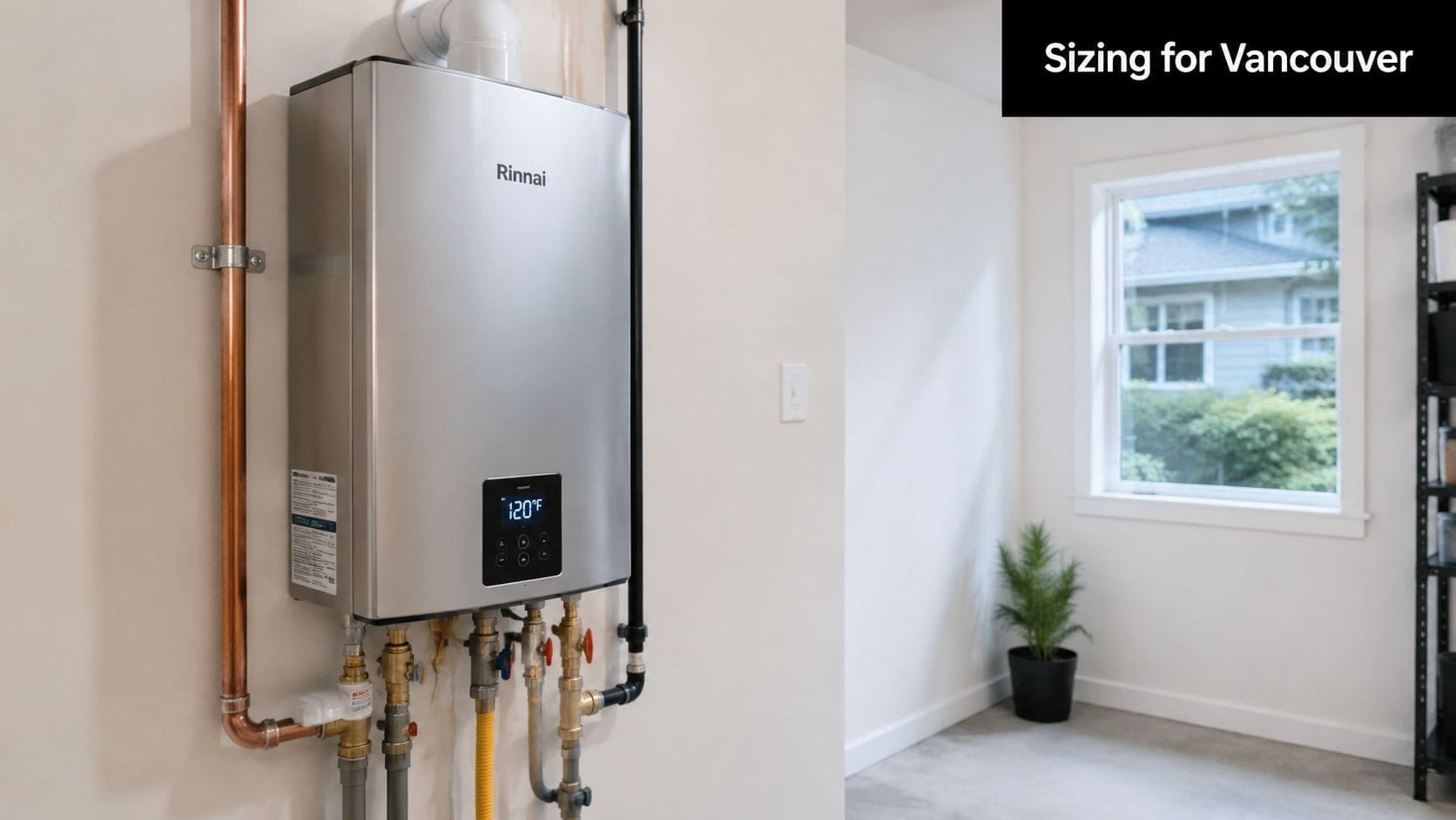 A modern Rinnai tankless water heater mounted on a white wall in a utility room setting.