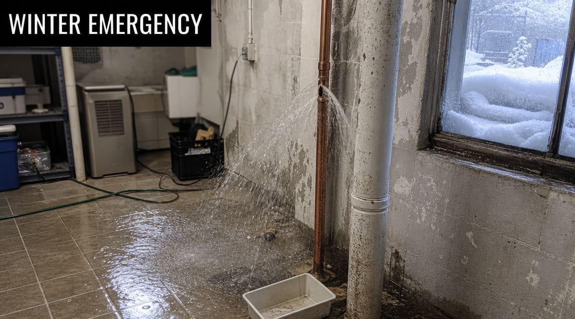 A burst copper water pipe spraying water across a basement floor during a cold winter emergency.