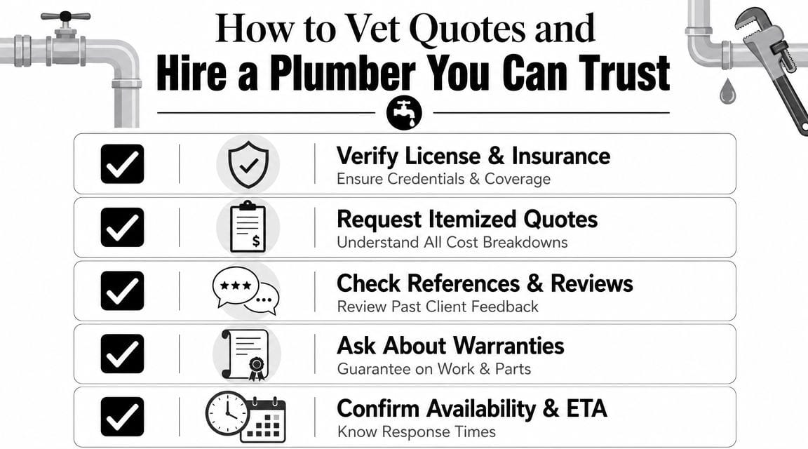 An infographic titled How to Vet Quotes and Hire a Plumber You Can Trust with checklist icons.