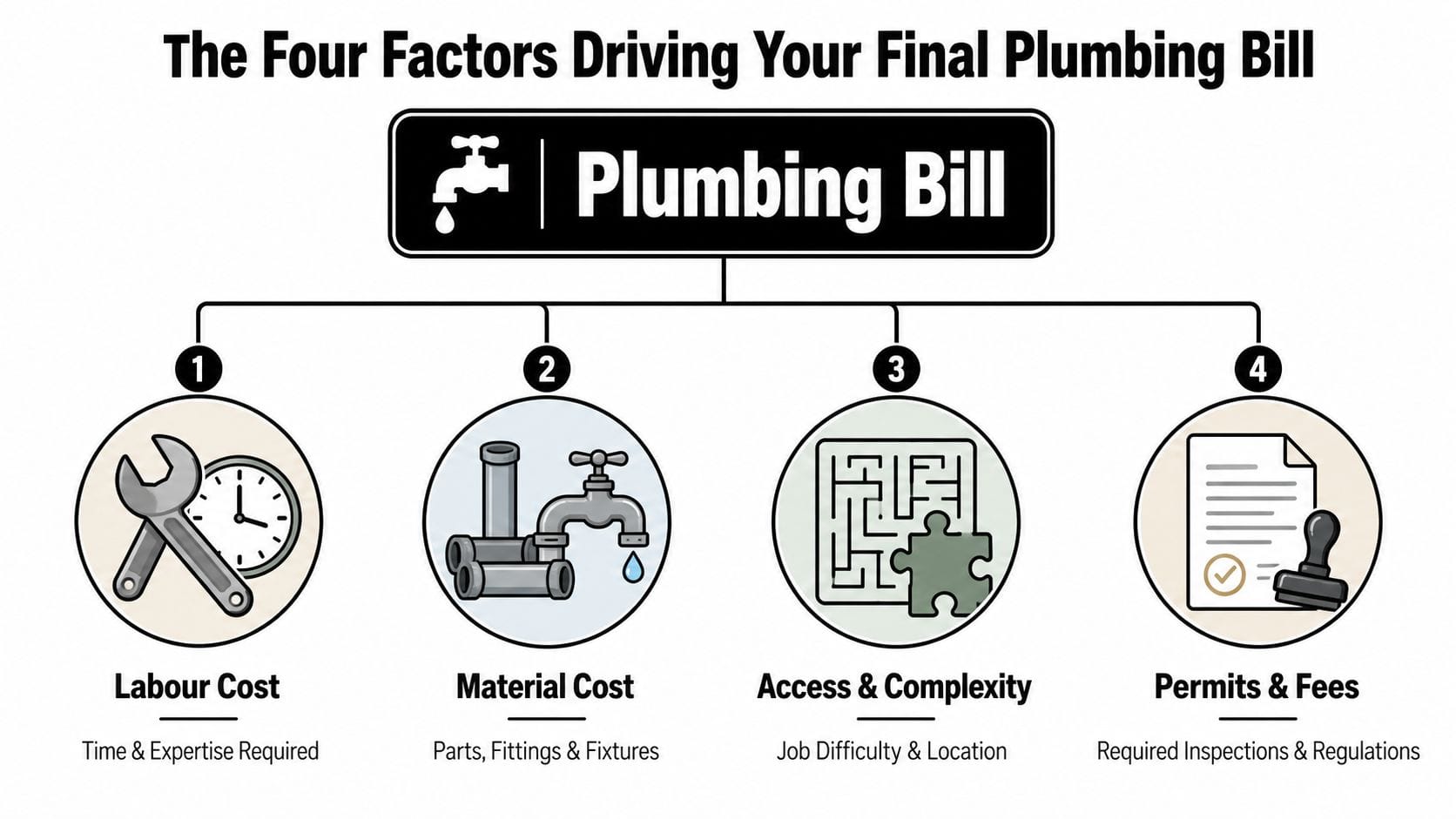 An infographic showing the four primary factors that influence the total cost of a plumbing repair service.