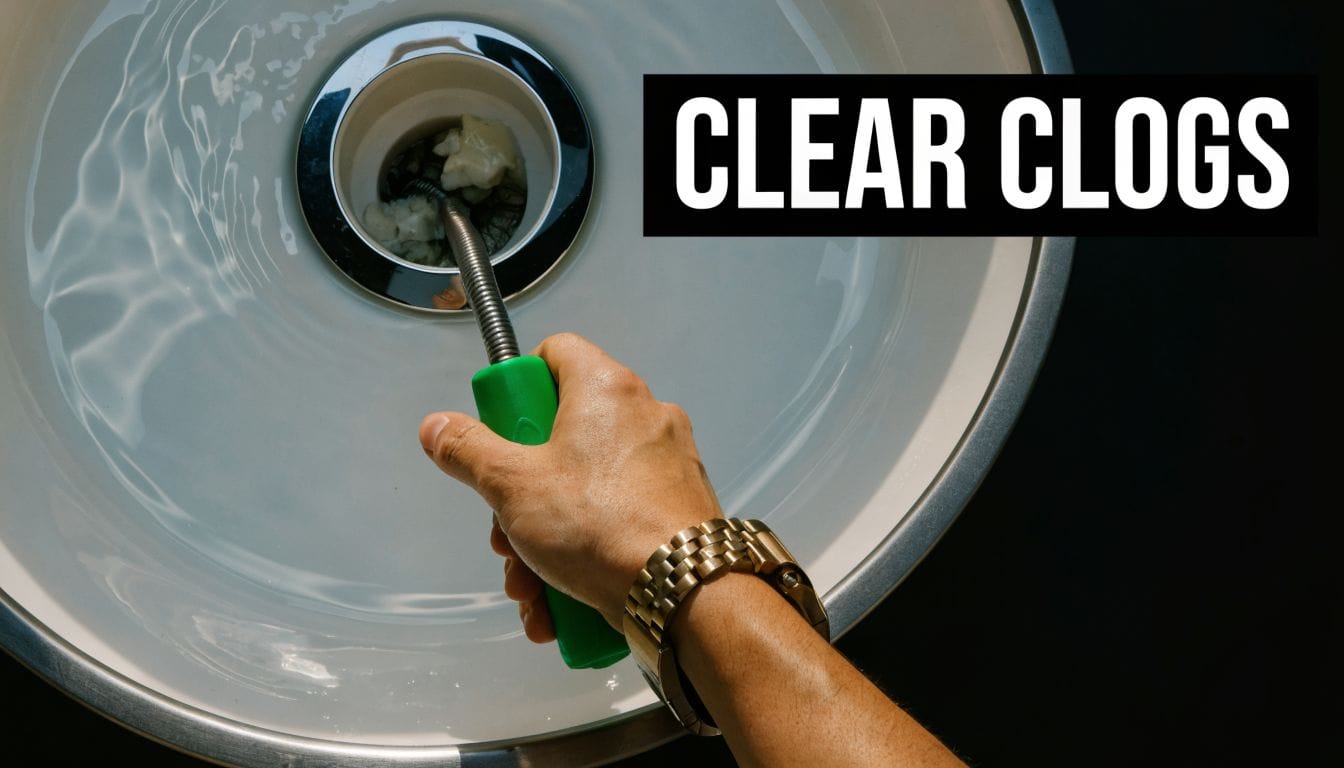 A person uses a green drain snake tool to clear a clog from a bathroom sink drain.
