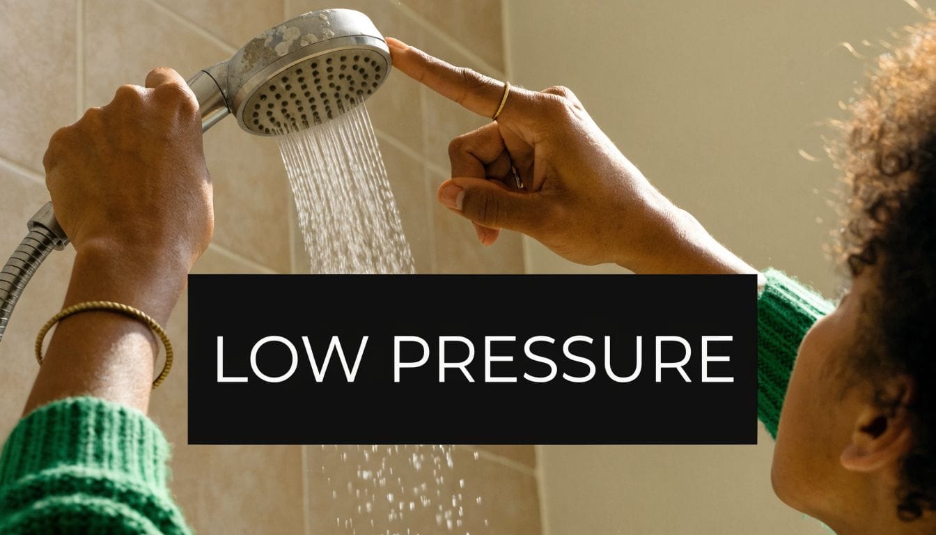 A person checking a handheld shower head with low water pressure in a tiled bathroom.
