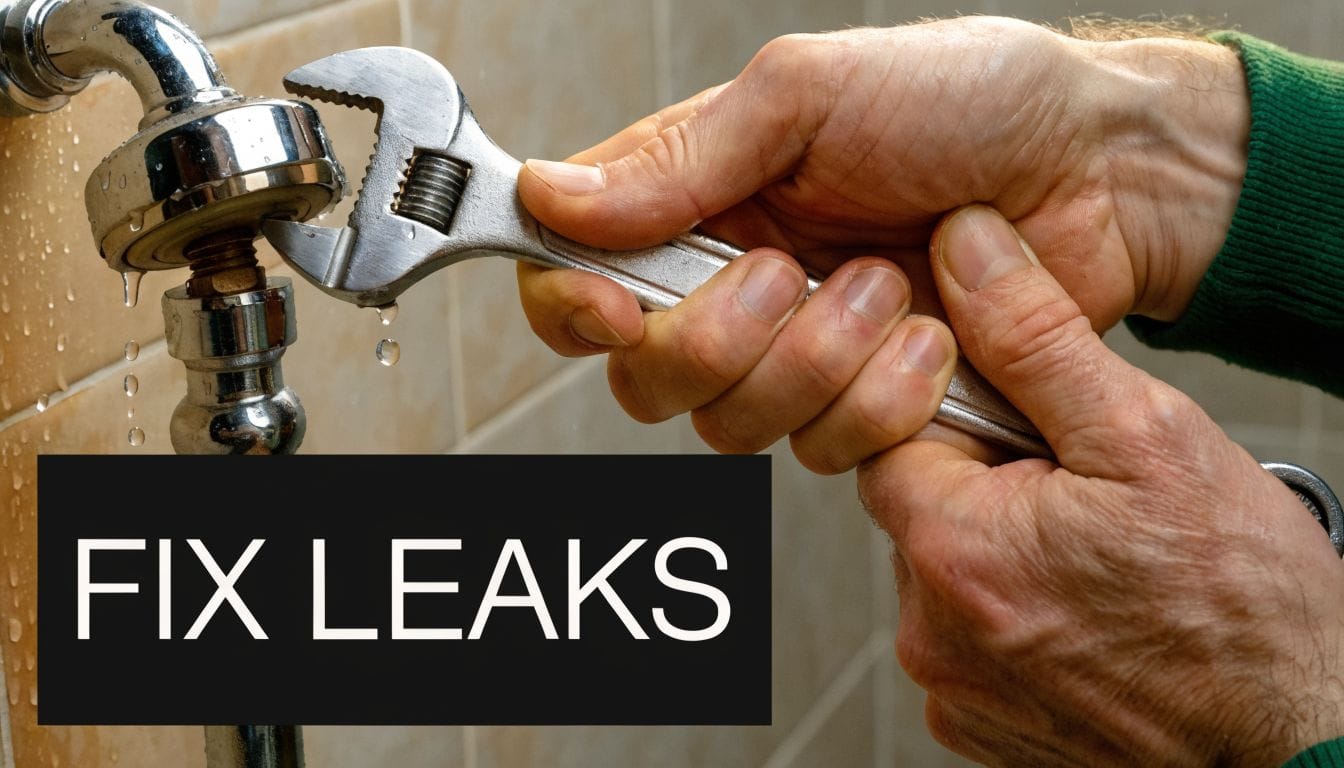A close-up view of a person using a wrench to repair a leaking shower pipe connection.