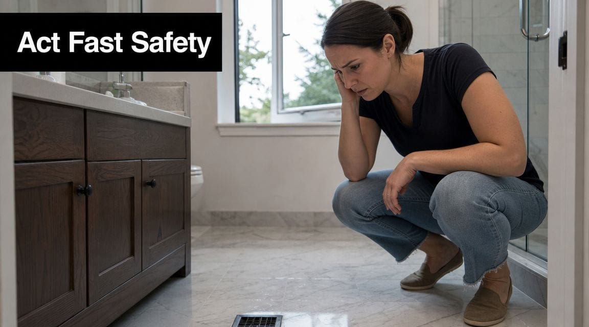 A concerned woman crouching in a bathroom and looking at a floor vent due to bad odor