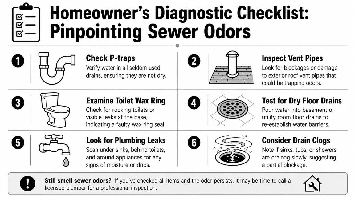 A six-step homeowner checklist for diagnosing and troubleshooting the source of sewer smells in a house.