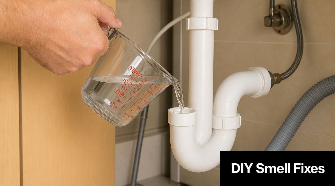 A hand pouring water from a measuring cup into an open P-trap pipe under a kitchen sink.