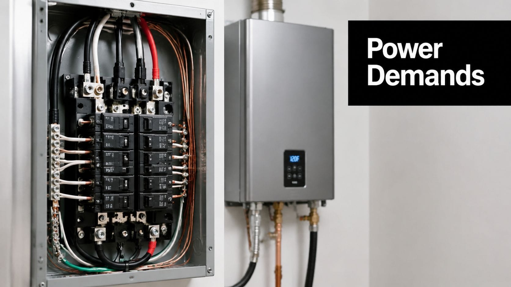 A circuit breaker panel open beside a wall-mounted tankless water heater displaying 120 degrees Fahrenheit.