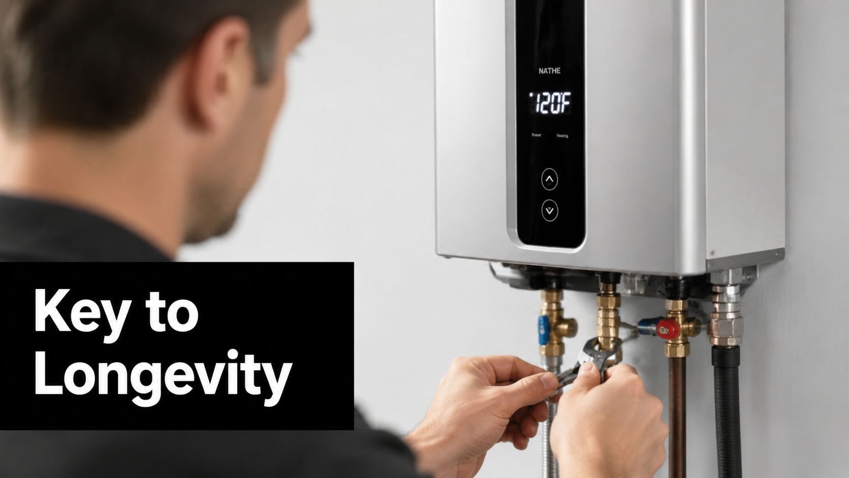 A professional technician installing or repairing a modern tankless electric water heater on a white wall.