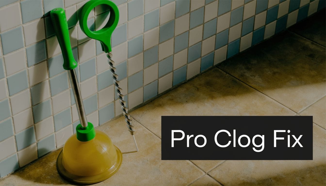 A green handled sink plunger and a drain cleaning auger standing against a tiled bathroom wall.